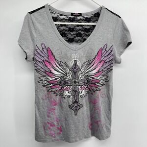 Ransom Y2K Winged Cross Gray Graphic Tee Lace Back Junior's XL (Fits Small)